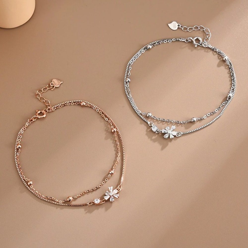 NEW Silver / Rose Gold Double Chain Ice Zircon Flower Bracelet